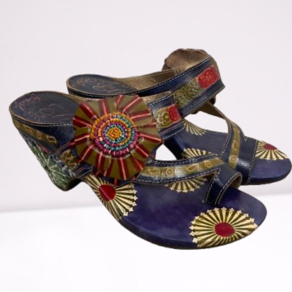 Elite By Corkys Artsy Purple Leather Flower Slide Wedge Sandals Size 38/US 8